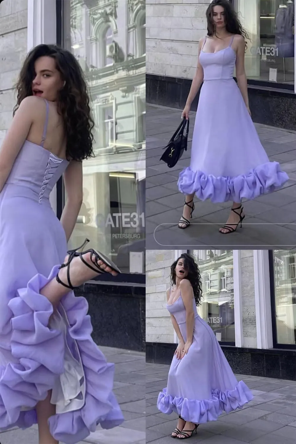 Women's Midi Prom Dresses Flounce Bustier Trim Ruffle Formal Wedding Party Dress Tea Length