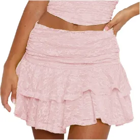 Womens Mini Skirts Summer Mesh Lace Elastic High Waisted Coke Skirt Fashion Ruffle Hem Tiered A Line Short Skirts