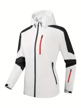Womens Outdoor Jacket Fashion Color Block Sports Outdoor Hooded Jacket With Zipper Pocket Womens Activewear - Sports & Outdoors