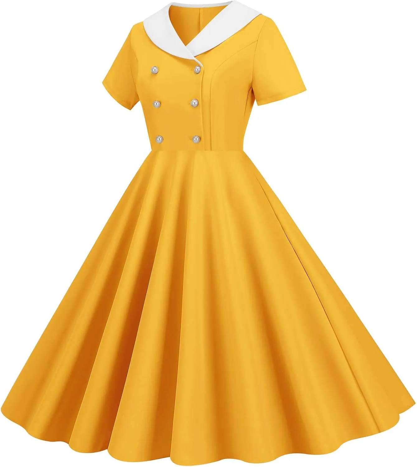 Women's Retro Dresses 60s Sailor Collar Short Sleeve Pinup Cocktail Dress Double Breasted Pleated A Line Swing Dress