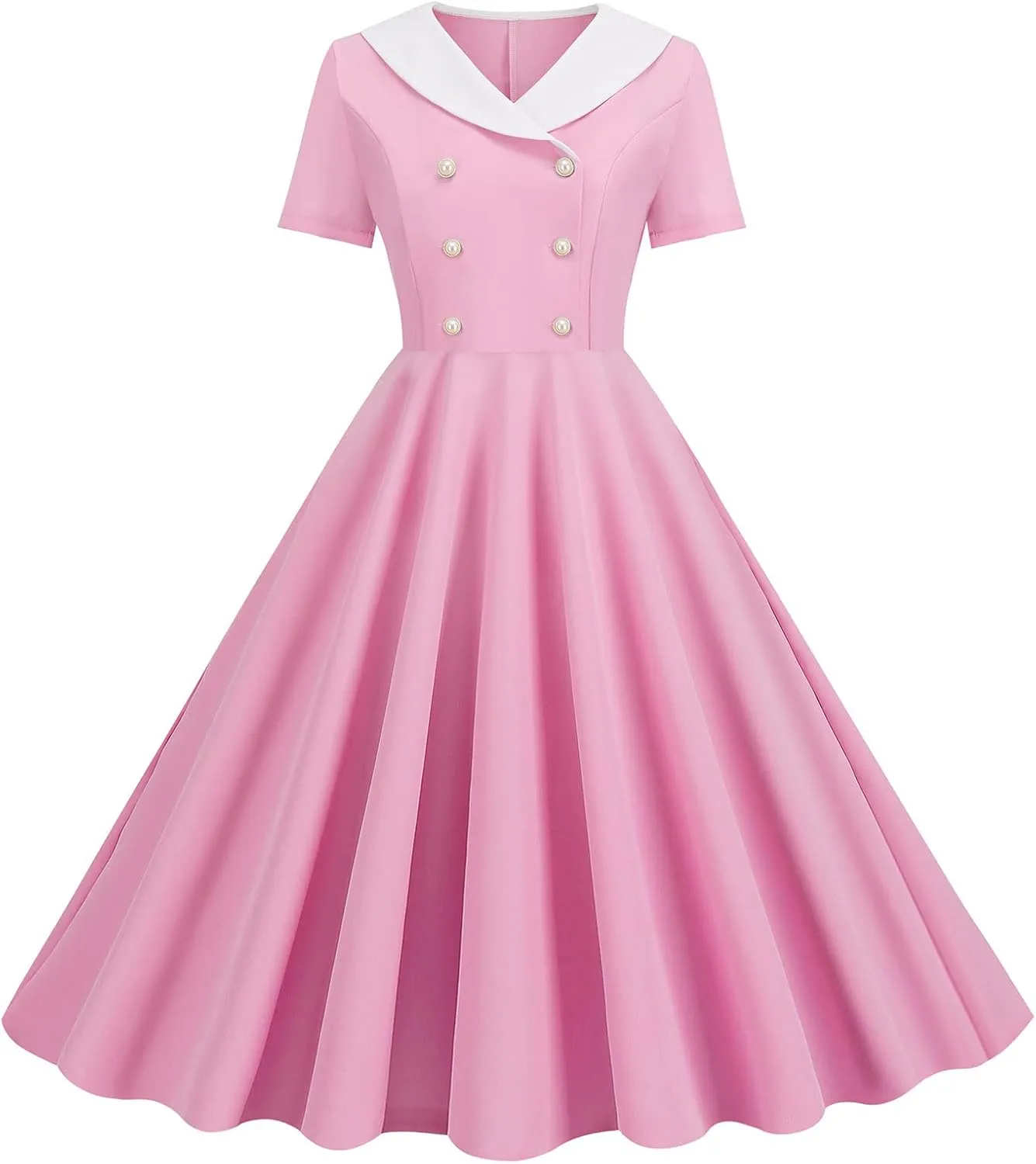 Women's Retro Dresses 60s Sailor Collar Short Sleeve Pinup Cocktail Dress Double Breasted Pleated A Line Swing Dress