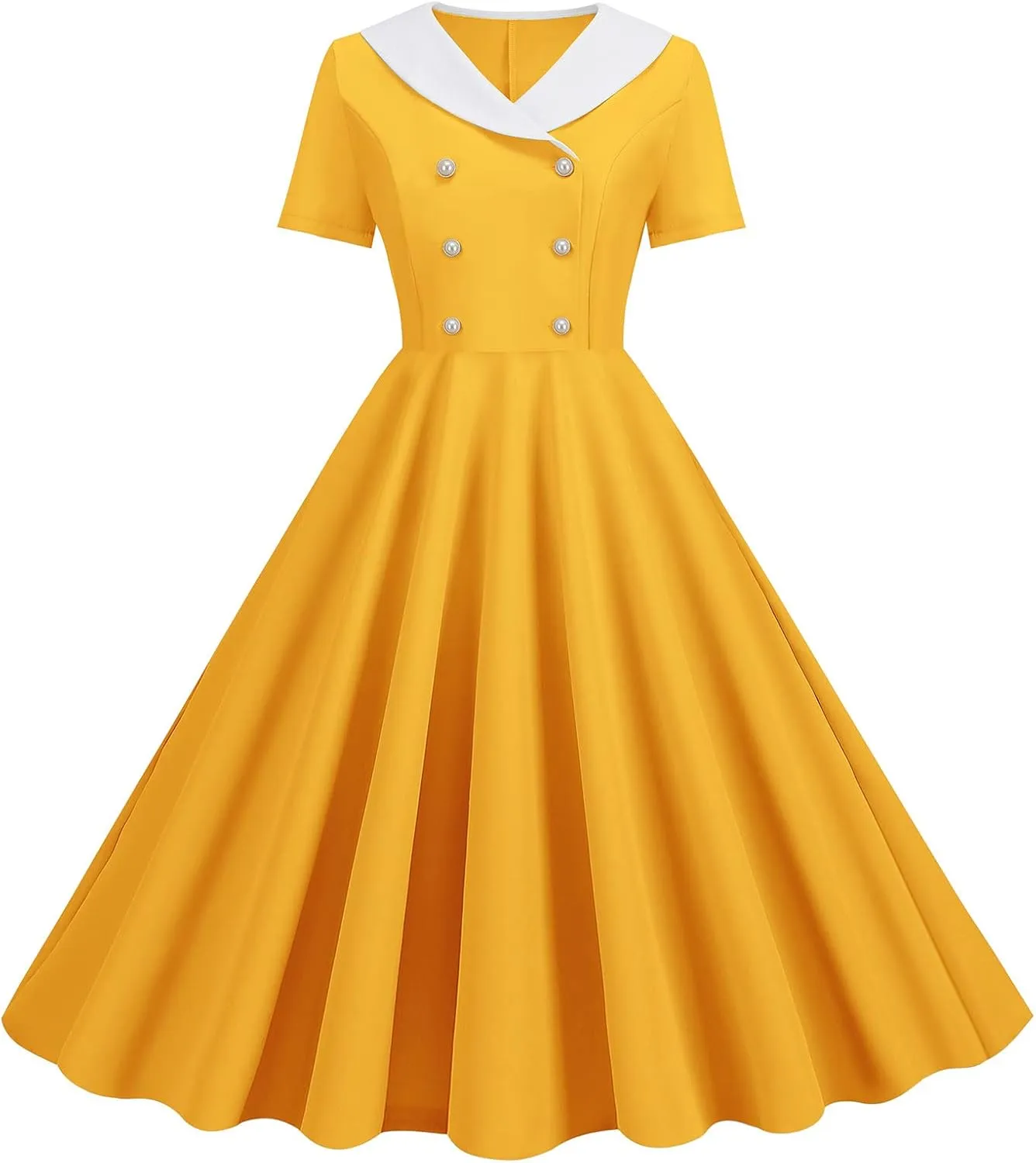 Women's Retro Dresses 60s Sailor Collar Short Sleeve Pinup Cocktail Dress Double Breasted Pleated A Line Swing Dress