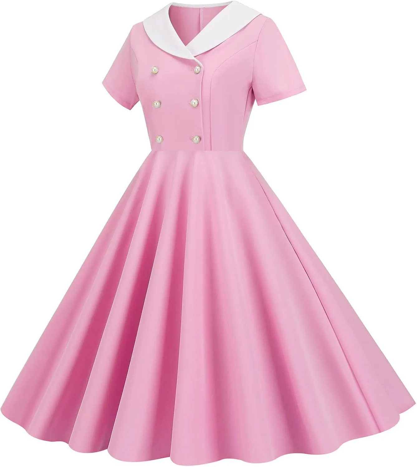 Women's Retro Dresses 60s Sailor Collar Short Sleeve Pinup Cocktail Dress Double Breasted Pleated A Line Swing Dress