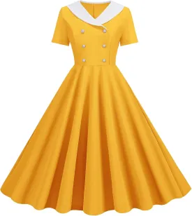 Women's Retro Dresses 60s Sailor Collar Short Sleeve Pinup Cocktail Dress Double Breasted Pleated A Line Swing Dress