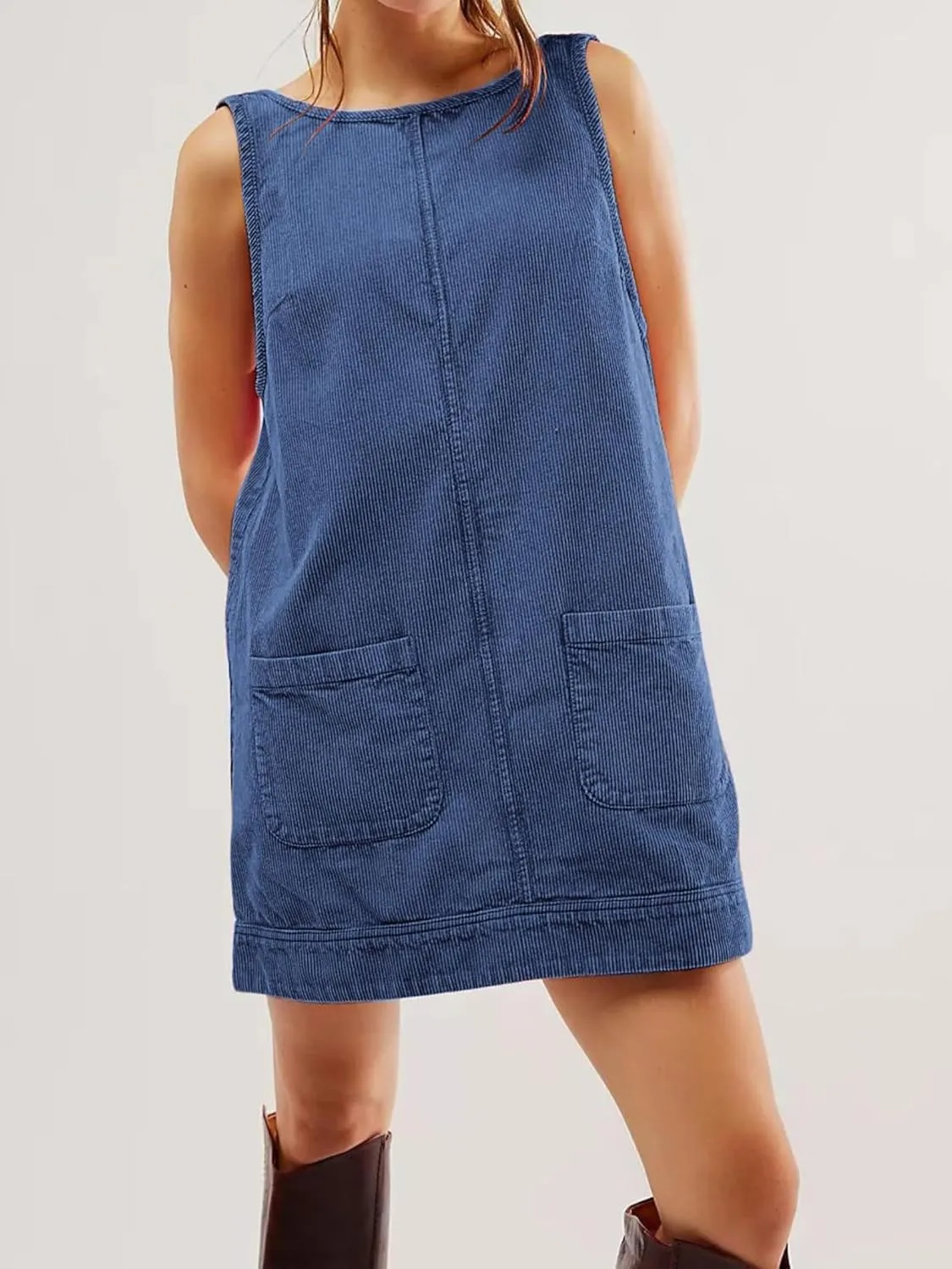 Womens Sleeveless Corduroy Overall Dress Cute Crewneck Jumper Dress Mini A Line Pinafore Dress with Pockets