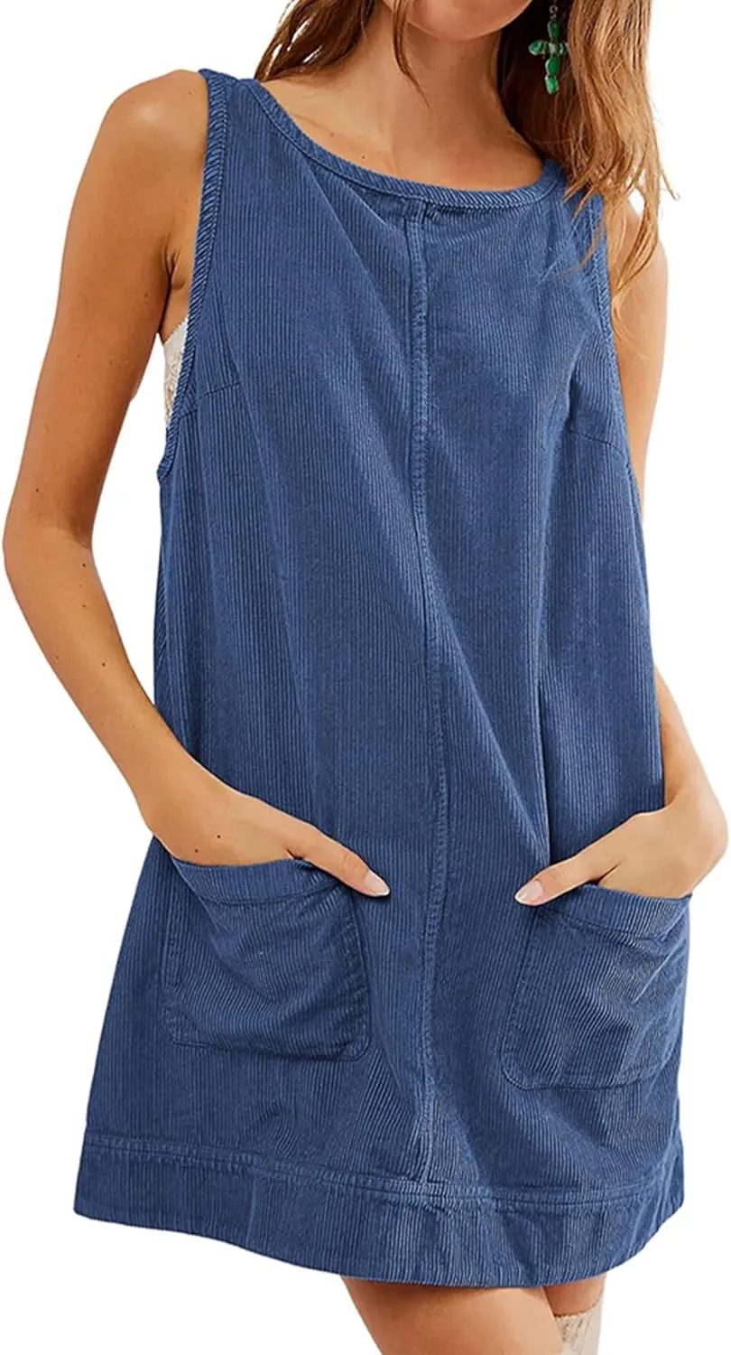 Womens Sleeveless Corduroy Overall Dress Cute Crewneck Jumper Dress Mini A Line Pinafore Dress with Pockets