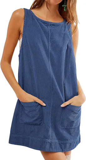 Womens Sleeveless Corduroy Overall Dress Cute Crewneck Jumper Dress Mini A Line Pinafore Dress with Pockets