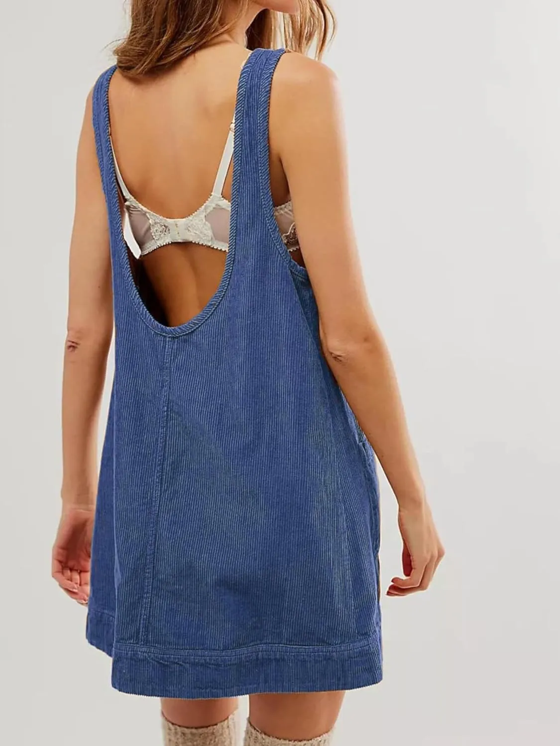 Womens Sleeveless Corduroy Overall Dress Cute Crewneck Jumper Dress Mini A Line Pinafore Dress with Pockets