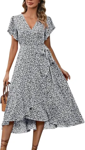 Womens Summer Boho Floral Wrap Dresses for Women 2025 V Neck Ruffle Sleeve High Waist Tie Flowy Vacation Sundress