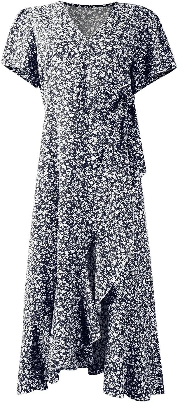 Womens Summer Boho Floral Wrap Dresses for Women 2025 V Neck Ruffle Sleeve High Waist Tie Flowy Vacation Sundress