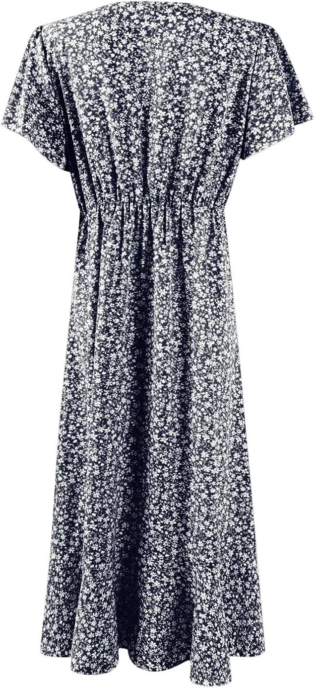 Womens Summer Boho Floral Wrap Dresses for Women 2025 V Neck Ruffle Sleeve High Waist Tie Flowy Vacation Sundress
