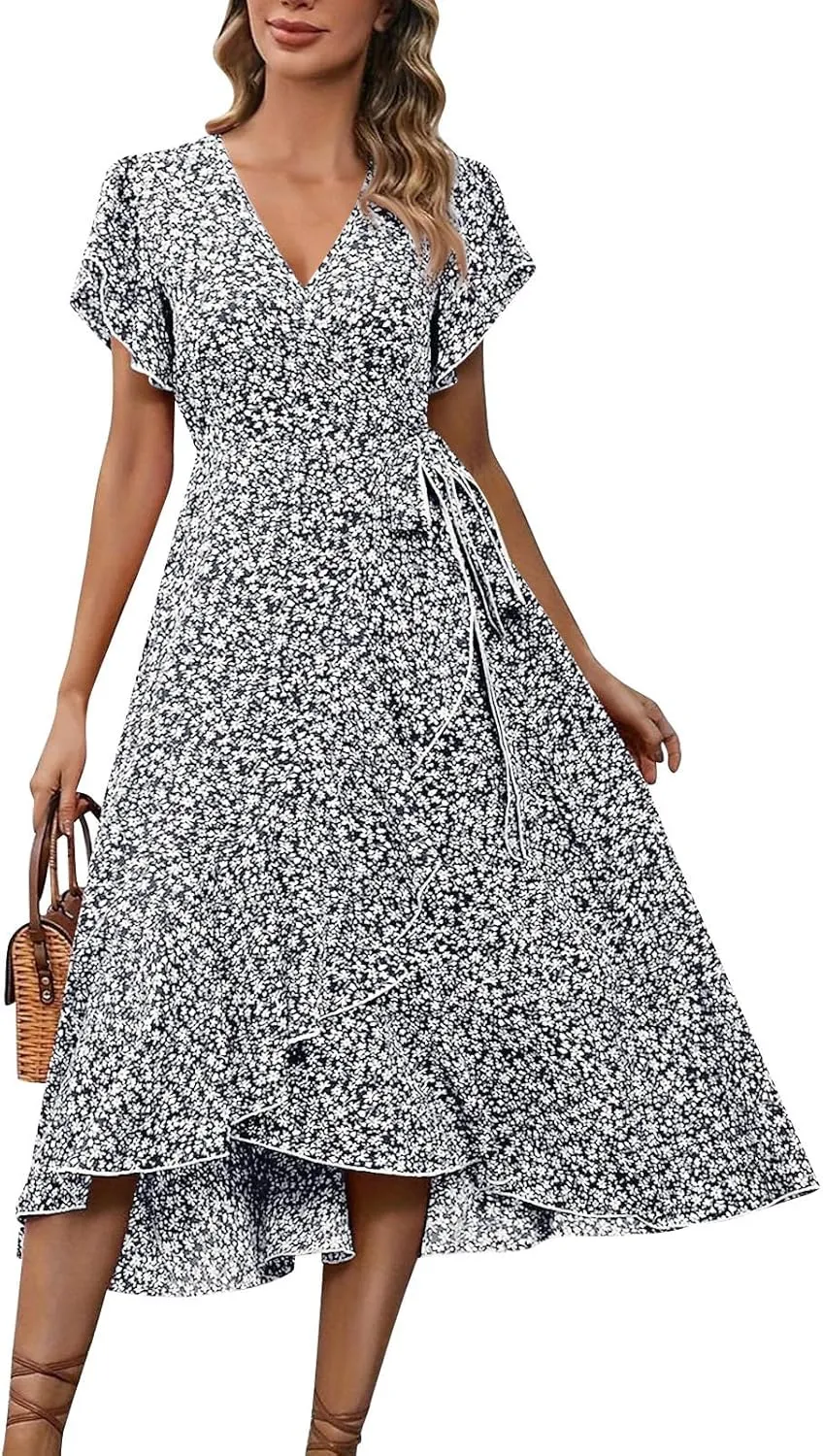 Womens Summer Boho Floral Wrap Dresses for Women 2025 V Neck Ruffle Sleeve High Waist Tie Flowy Vacation Sundress