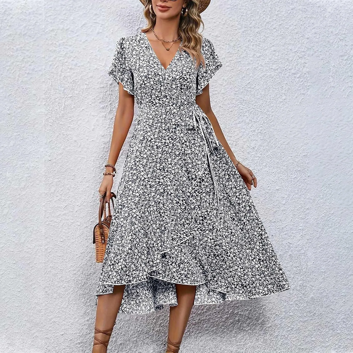 Womens Summer Boho Floral Wrap Dresses for Women 2025 V Neck Ruffle Sleeve High Waist Tie Flowy Vacation Sundress