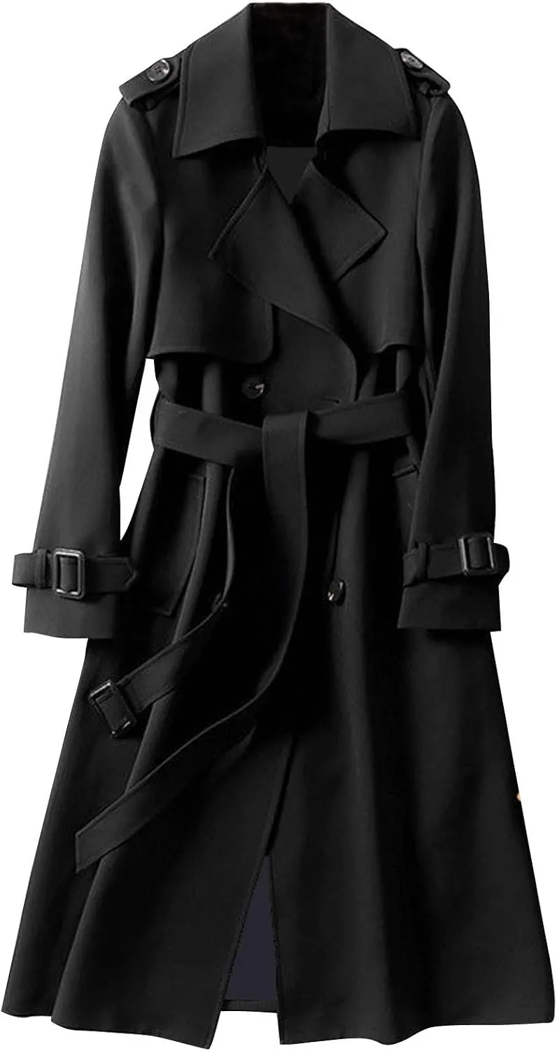 Women's Trench Coat Plus Size Casual Double Breasted Overcoat Belted Midi Long Fall Winter Windbreaker Cardigan