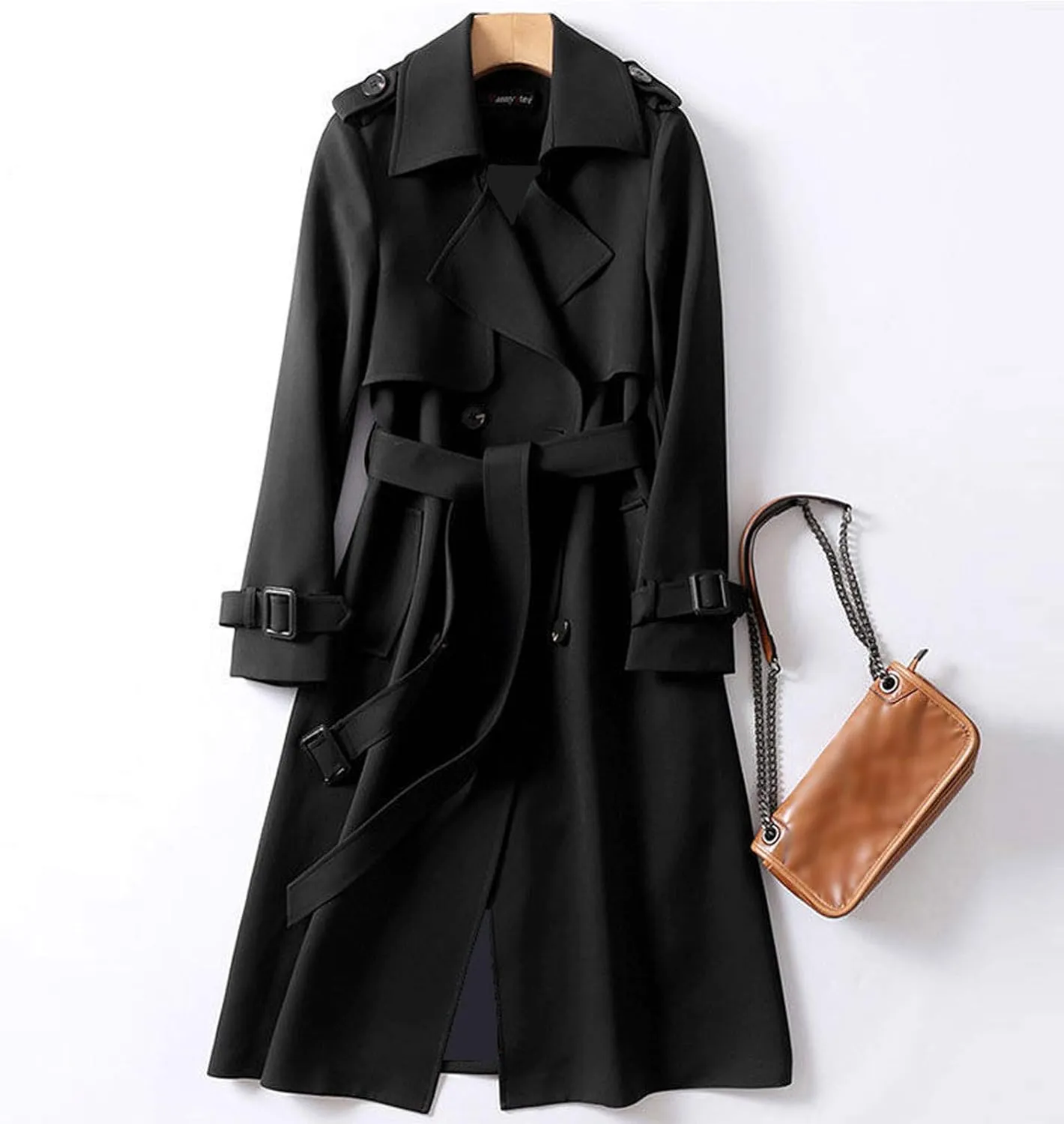 Women's Trench Coat Plus Size Casual Double Breasted Overcoat Belted Midi Long Fall Winter Windbreaker Cardigan