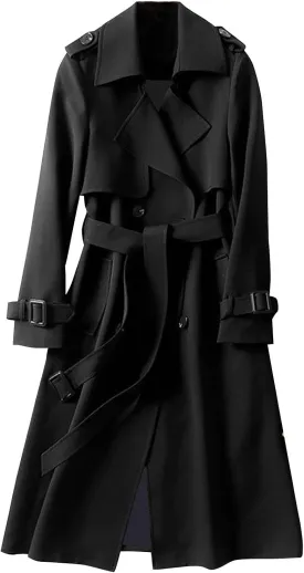 Women's Trench Coat Plus Size Casual Double Breasted Overcoat Belted Midi Long Fall Winter Windbreaker Cardigan