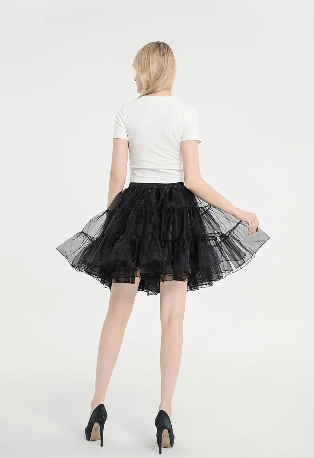 WOWBRIDAL Women's Above Knee Tulle Ruffled Petticoat 50s Vintage Crinoline Underskirt Pleated Flared Skirt