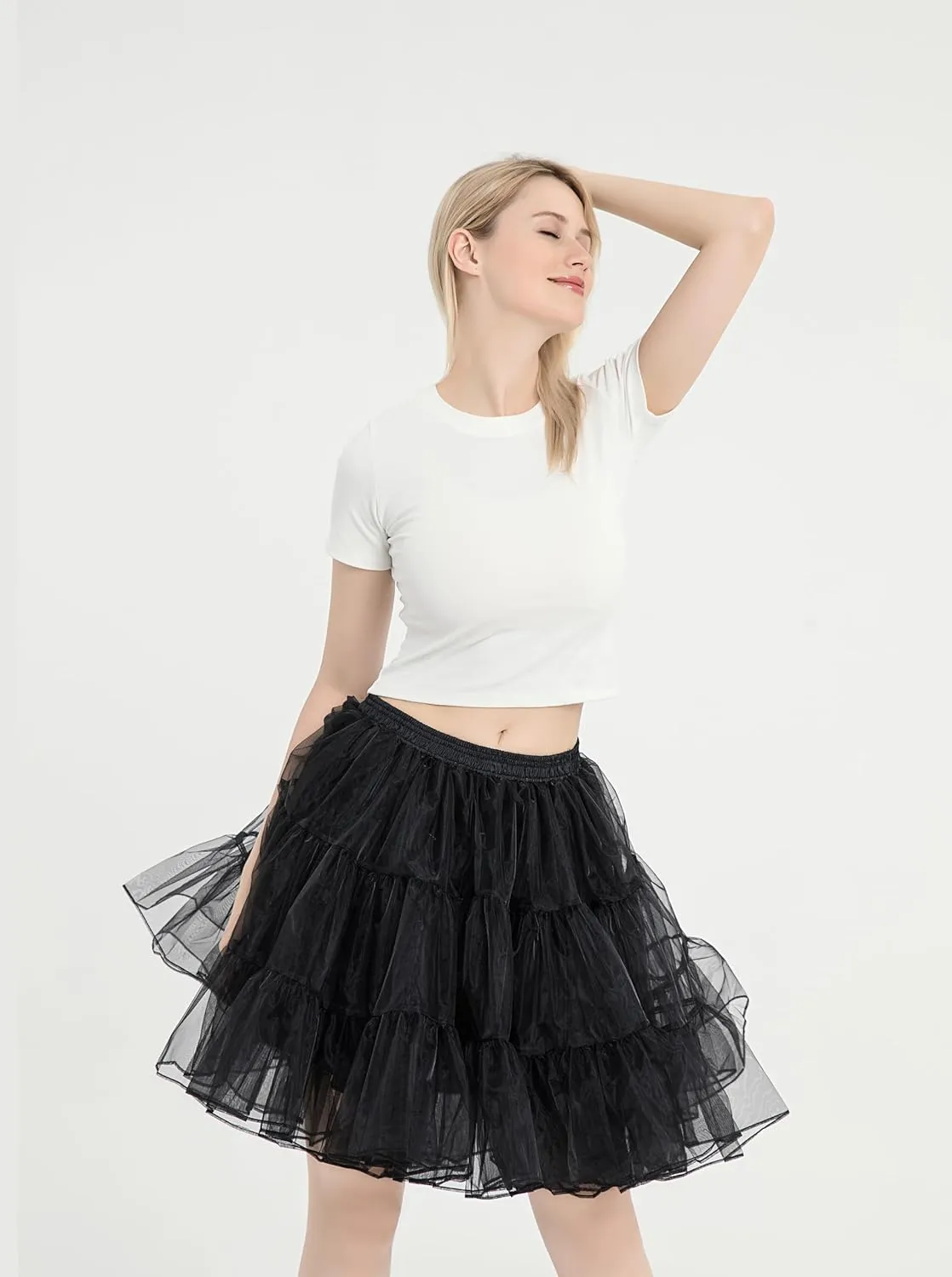 WOWBRIDAL Women's Above Knee Tulle Ruffled Petticoat 50s Vintage Crinoline Underskirt Pleated Flared Skirt
