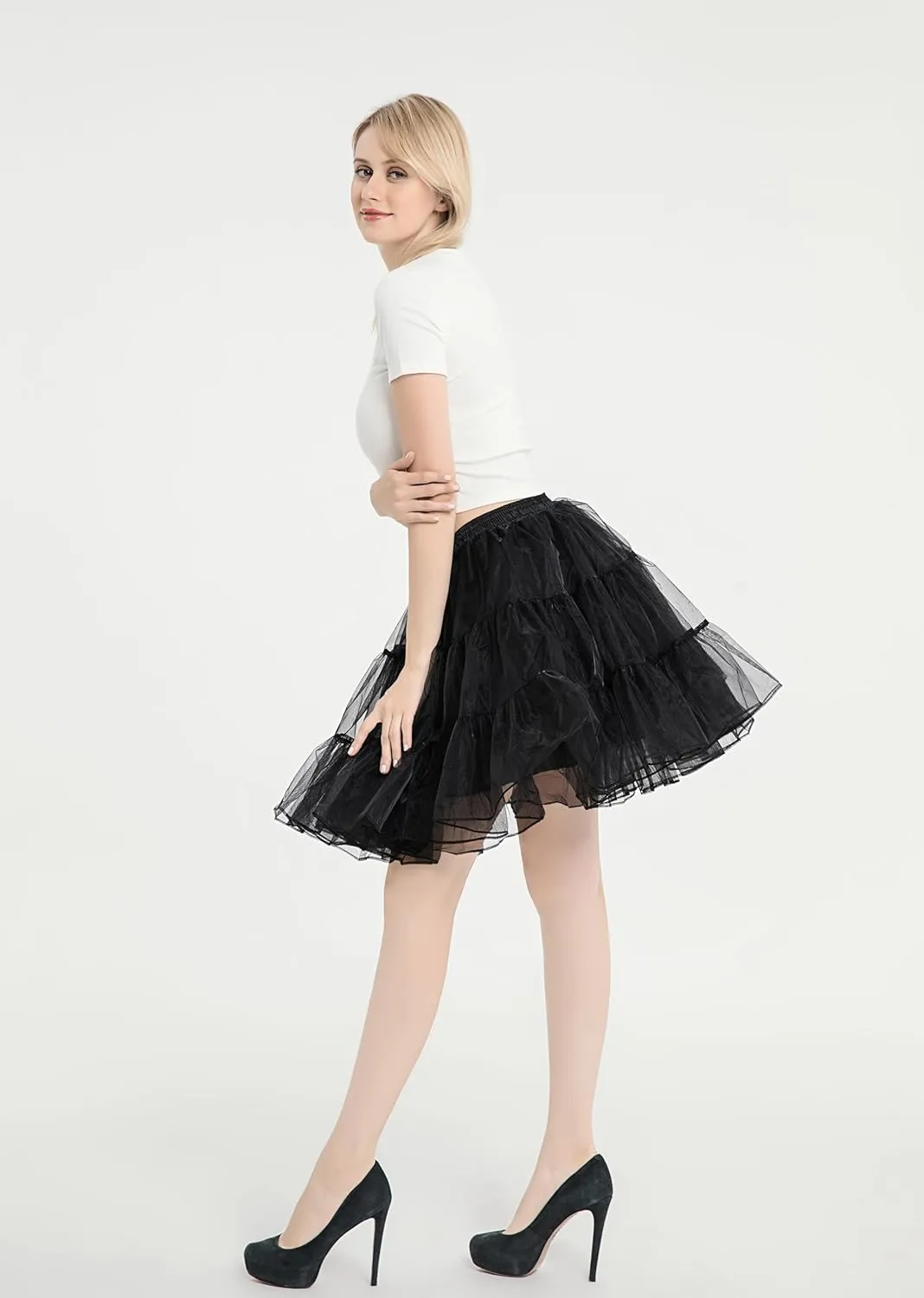 WOWBRIDAL Women's Above Knee Tulle Ruffled Petticoat 50s Vintage Crinoline Underskirt Pleated Flared Skirt