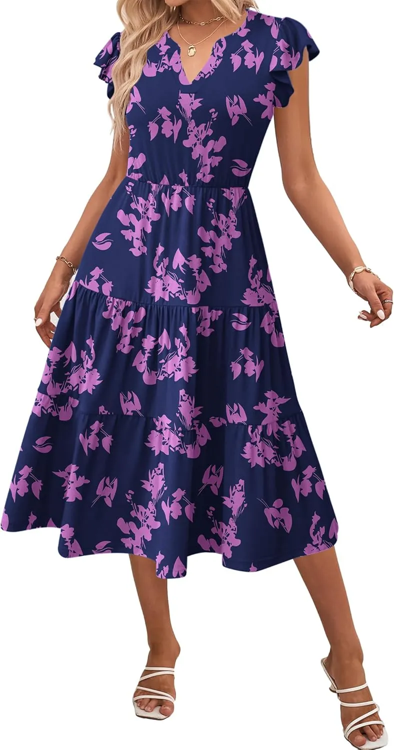 Zeagoo Womens Summer Casual Dresses Ruffle Sleeve V Neck Midi Dress Flowy Tiered Dress with Pockets Boho Sundresses