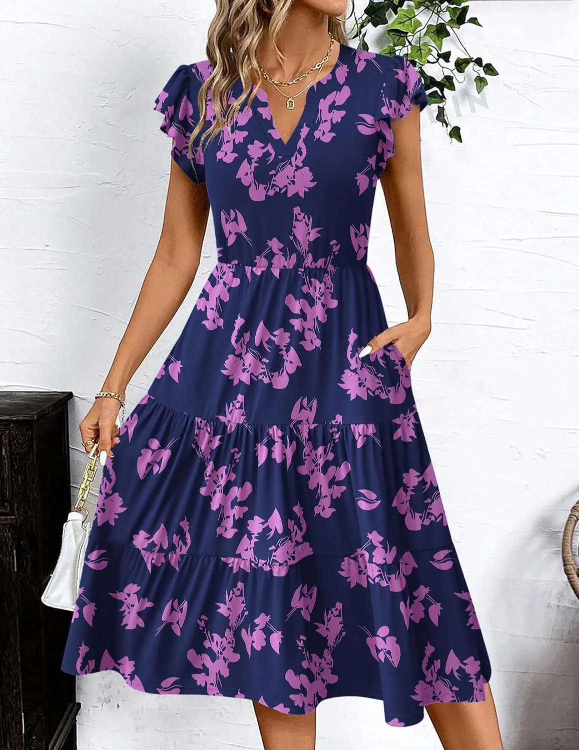 Zeagoo Womens Summer Casual Dresses Ruffle Sleeve V Neck Midi Dress Flowy Tiered Dress with Pockets Boho Sundresses