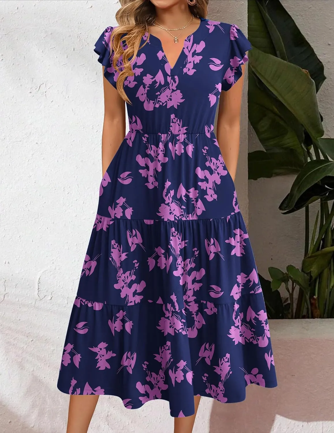 Zeagoo Womens Summer Casual Dresses Ruffle Sleeve V Neck Midi Dress Flowy Tiered Dress with Pockets Boho Sundresses