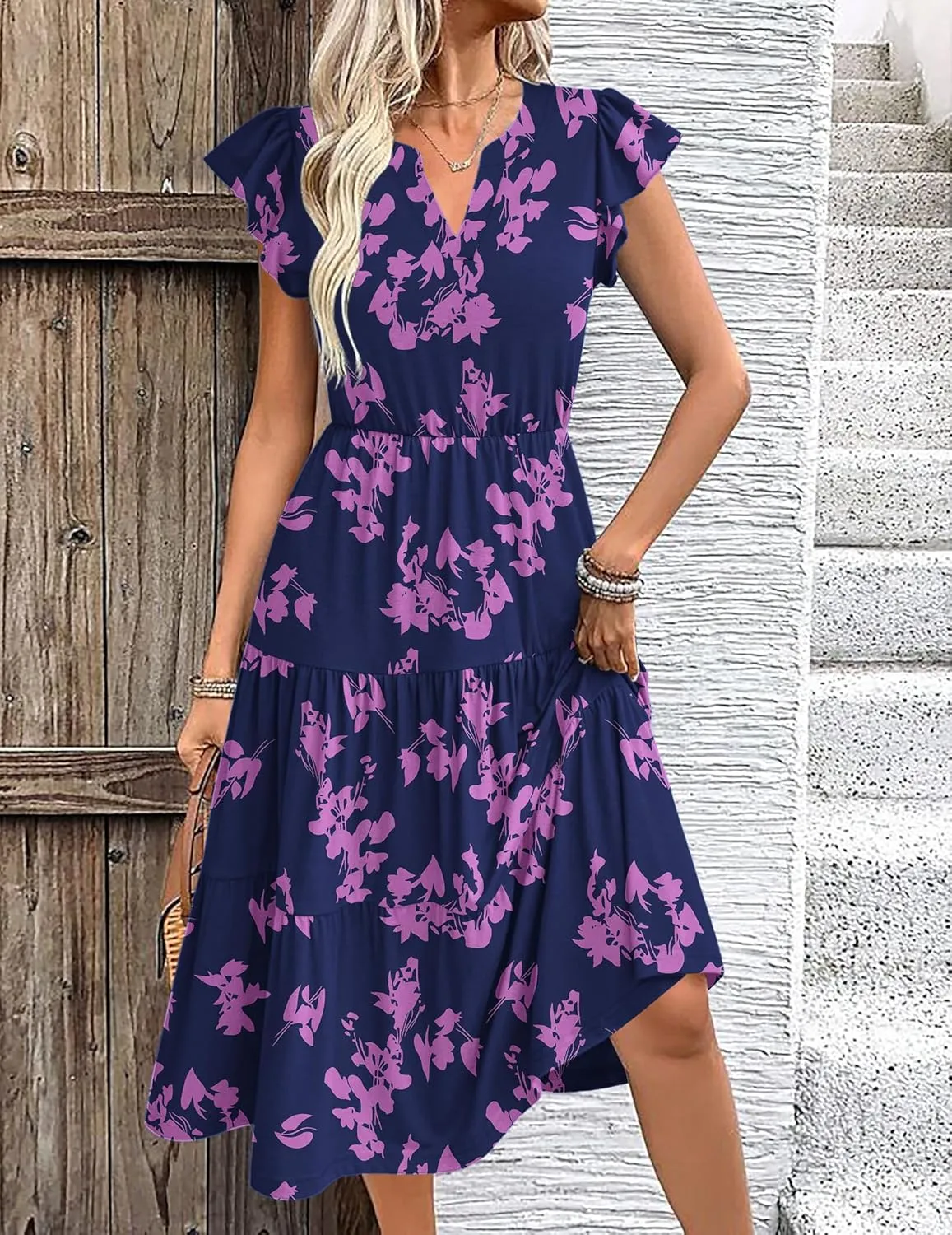 Zeagoo Womens Summer Casual Dresses Ruffle Sleeve V Neck Midi Dress Flowy Tiered Dress with Pockets Boho Sundresses