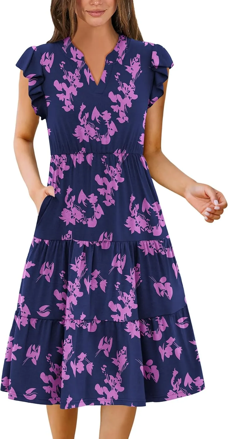 Zeagoo Womens Summer Casual Dresses Ruffle Sleeve V Neck Midi Dress Flowy Tiered Dress with Pockets Boho Sundresses