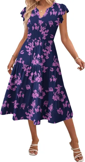 Zeagoo Womens Summer Casual Dresses Ruffle Sleeve V Neck Midi Dress Flowy Tiered Dress with Pockets Boho Sundresses