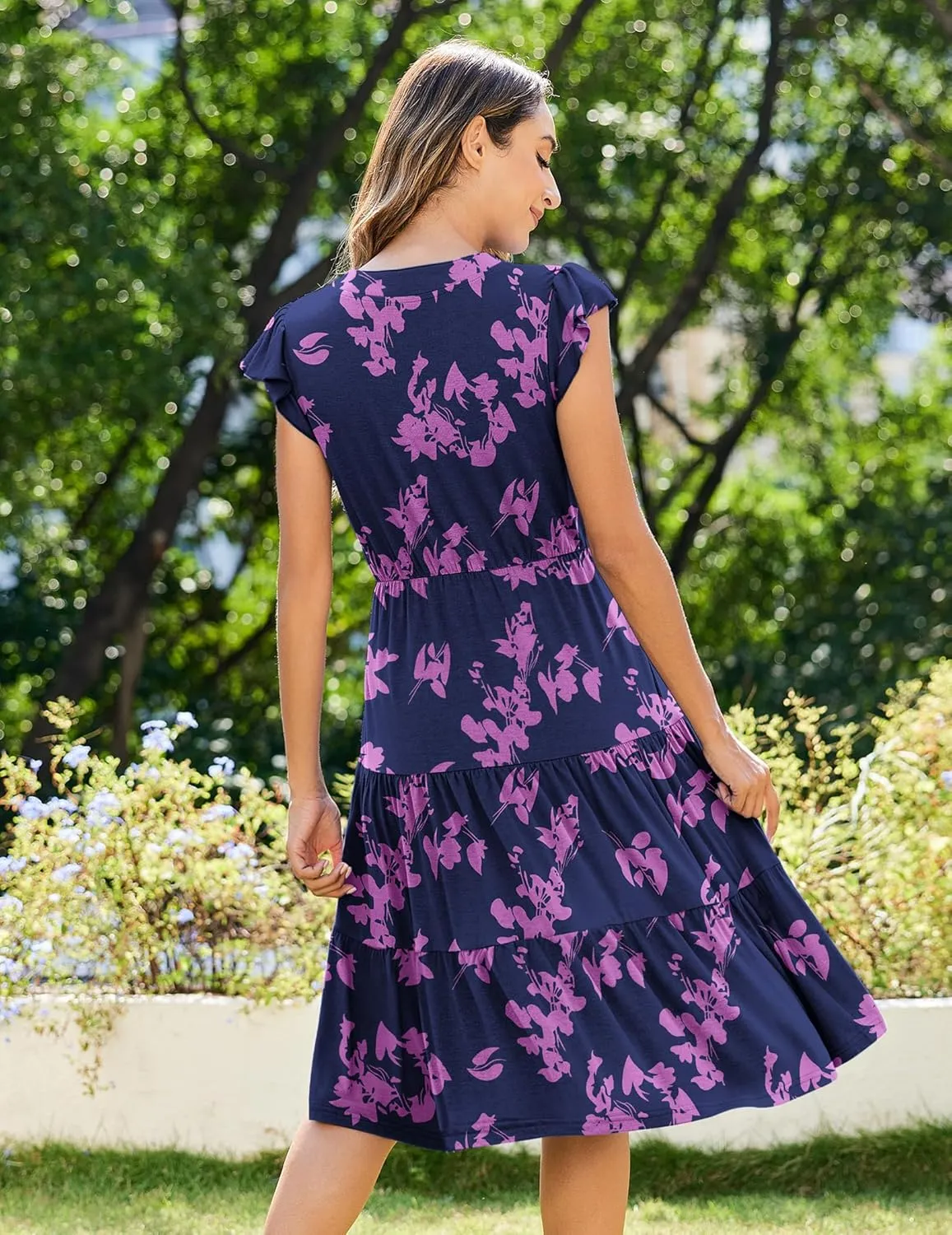 Zeagoo Womens Summer Casual Dresses Ruffle Sleeve V Neck Midi Dress Flowy Tiered Dress with Pockets Boho Sundresses